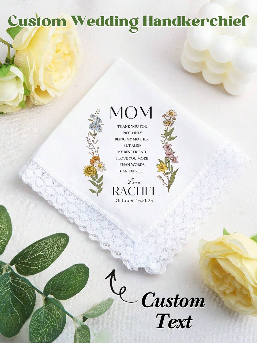 1 chiếc khăn tay cưới in chữ theo yêu cầu, khăn tay cô dâu cá nhân hóa, quà tặng chú rể, quà kỷ niệm ngày cưới, quà Valentine, quà sinh nhật, quà cưới, quà tặng cho bạn thân, mẹ, bạn gái, vợ, chồng - Phong cách 4 - Xem 1