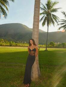 Sleeveless Lace Patchwork Fitted Long Dress Black Summer - Black - View 3