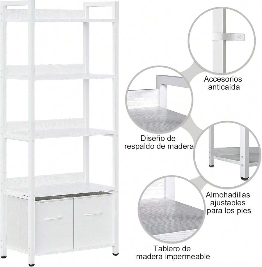 Librero de 5 Capas,Estante de 5 Niveles con Respaldo semicerrado,155CM Librero Minimalista,Cajón de Tela librero Organizador,Adecuado para Dormitorio y Sala de Estar(Blanco) - Blanco - Ver 1