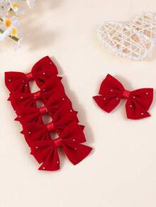6pcs/Set Teen' Red Rhinestone Bow Hair Clips, Gift Choice For Valentine's Day - Multicolor - View 4