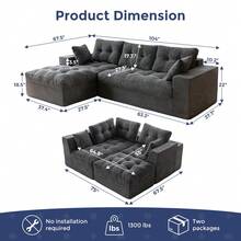 MAXYOYO 104"Modular Sectional Cloud Couch With Ottoman,Oversized L-Shaped Corduroy Sofa,Cloud Boneless Couch With Layered Cushion For Living Room - 灰色 - 查看 6