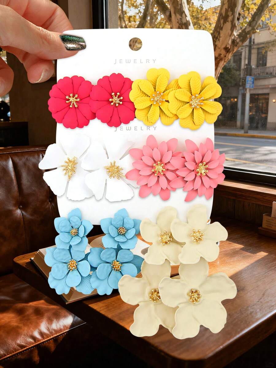 Betykuku 6 Pairs Colorful Flower Pendant Earrings, Suitable For Daily Wear - Multicolor - View 1