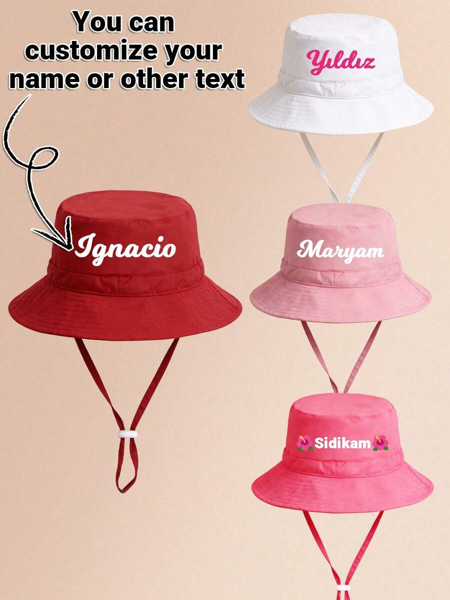 1pc Kids' Solid Color Bucket Hat With Drawstring, Multiple Colors Available, Customizable Text, Fashionable And Lightweight For Sun Protection, Suitable For Boys And Girls Outdoor Activities, Spring/Summer - Multicolor - View 1