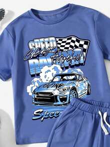 2pcs/Set Young Boy Letter & Car Print Short Sleeve T-Shirt And Shorts Casual Outfit - Blue - View 3