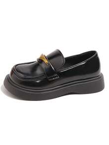 1 Pair Girls' Casual Slip-On Leather Shoes, Minimalist & Fashionable - Black - View 6