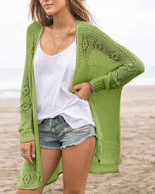 Womens Boho Cardigans Beach Lightweight Summer Crochet Top Sheer Long Sleeve V Neck Loose Sweaters - 綠色 - 查看 2