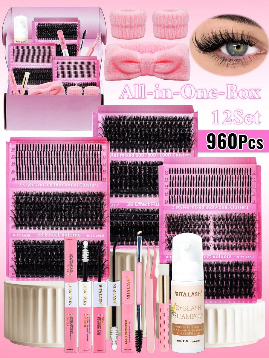 RITALASH 960PCS Spike&Cat Lash D Curl Individual Eyelashes Black Individual Eyelashes Soft And Comfortable Kit With Lash Bond&Seal Lash Remover Tweezers Dual-Ended Brush Shampoo&Brush Headband Wristband For Daily Life & Dates & Party - 黑色 - 查看 1
