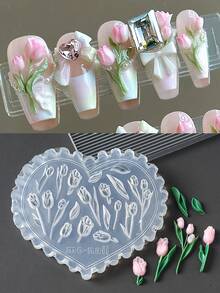 心形硅胶美甲雕刻模具 3D郁金香花叶设计凝胶印花模板 UV凝胶指甲油印花板美甲模板工具美甲用品 - 無色 - 查看 8