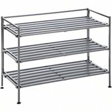 Seville Classics Sturdy Freestanding Storage Shelf for Bedroom Closet Entryway Dorm Room Organizer Stackable Durable Metal Shoe Rack Ash Gray Slat 3-Tier - Listón gris ceniza - Ver 8