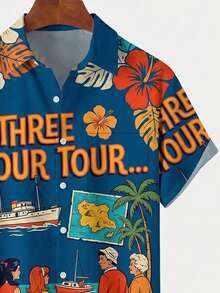 男士印花纽扣短袖夏威夷衬衫，度假/旅行 - 寶藍色 - 查看 4