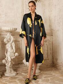 波西米亚风印花中长款七分袖和服罩衫薄外套，女士优雅欧美休闲罩衫，沙滩旅行度假羽织薄款浴袍腰带长袍 - 黑色 - 查看 5