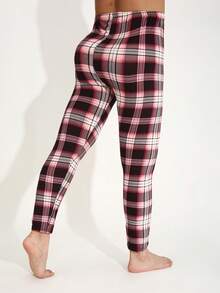 Plus Size Women's Burgundy Plaid Print Leggings, Casual Fashion Striped Elastic Skinny Pants, Minimalist Soft Comfortable Workout Pants For Indoor Exercise, Outdoor Leisure, Suitable For Spring/Summer - Wine Red and White Checkered - View 2