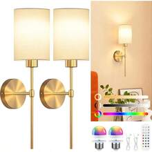 Lámparas de Pared Inalámbricas Juego de 2,KUAEAY Apliques de Pared Recargables con Bombillas y Remote Control, 12 colores RGB regulables, Luces para Decoración Dormitorio y Sala de Estar - dorado - Ver 4