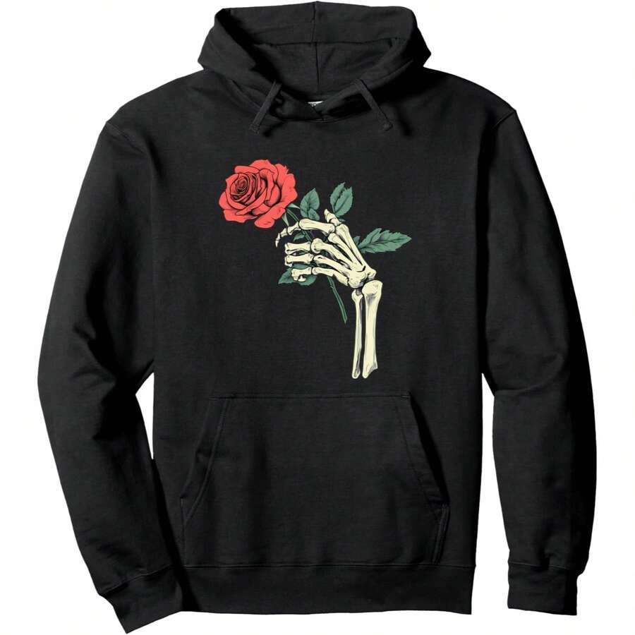 Skeleton Hand Holding Rose Flower Red Rose Pullover Hoodie - 黑色 - 查看 1
