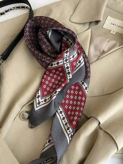 1 件 Bandana 拼色几何真丝围巾，百搭格子方形围巾配饰