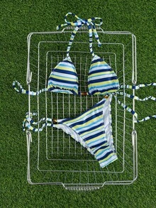 Nuovo set di bikini alla moda con blocchi di colore e righe, top triangolare e slip - Blu - Visualizzare 5