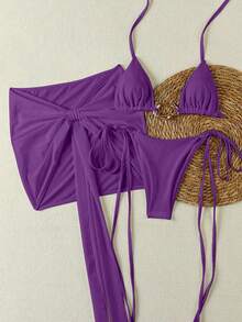 Bộ bikini 3 mảnh màu tím trơn, kiểu dáng giản dị, thanh lịch, thích hợp cho mùa xuân/hè, phù hợp đi biển, nghỉ mát, hẹn hò, tiệc tùng. - Màu tím - Xem 2