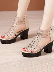 1 Đôi Dép Sandal Cao Gót Phong Cách La Mã Thời Trang Cho Thanh Thiếu Niên, Thiết Kế Khoét Hở Khóa Kéo Phía Sau, Thích Hợp Cho Hoạt Động Ngoài Trời, Đi Làm, Tiệc Khiêu Vũ, Bãi Biển - Vàng - Xem 12