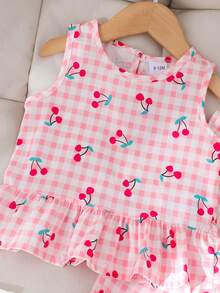2pcs Baby Girls' Sweet Cherry Plaid Sleeveless Top And Casual Pants Set, Summer - Pink - View 3