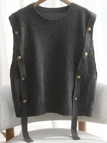 Áo vest dệt kim không tay cổ tròn cài nút, phong cách tối giản châu Âu - Mỹ, thanh lịch, đa năng, phù hợp cho phụ nữ trẻ cỡ lớn, màu trơn. - Màu xám đen - Xem 2