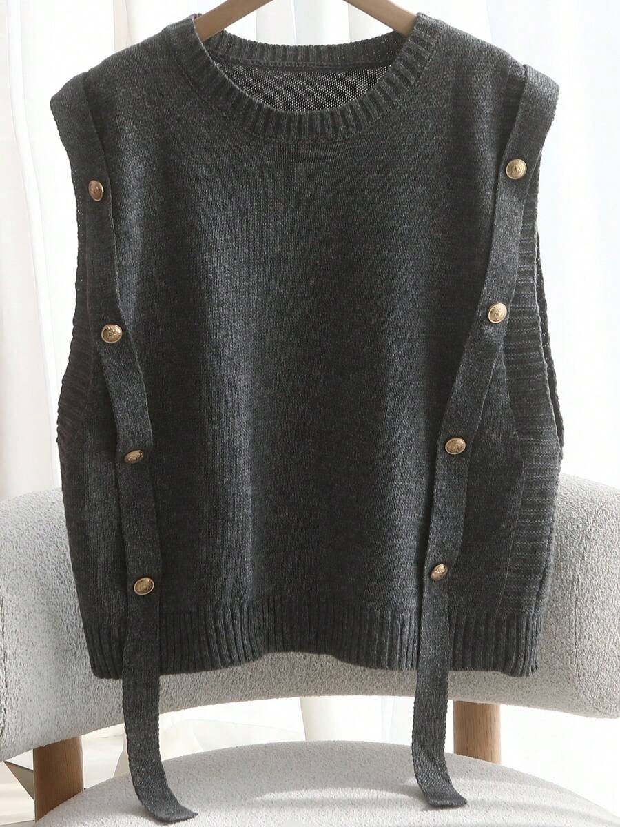 Áo vest dệt kim không tay cổ tròn cài nút, phong cách tối giản châu Âu - Mỹ, thanh lịch, đa năng, phù hợp cho phụ nữ trẻ cỡ lớn, màu trơn.