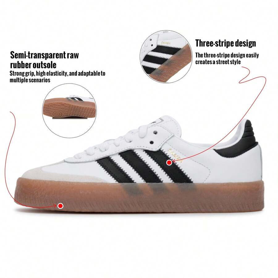 Adidas 三叶草女士复古撞色运动鞋，SAMBAE W，轻便舒适的低帮系带休闲鞋，配有半透明橡胶外底和优雅的刺绣三条纹。