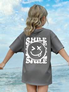 1pc Girls Casual Smiling Face Print Round Neck Short Sleeve T-Shirt, Summer Student Young Children Clothing - Dark Grey - View 2