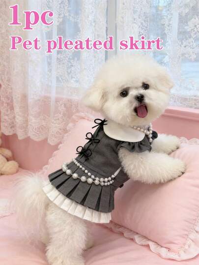 1pc Korean Style Pleated Skirt Pet Dress, Suitable For Poodle, Bichon Frise, Etc. Small To Medium Dogs, Princess Style Casual Dress, Cute & Fashionable Pet Clothing With Buckle Design, Soft & Warm, Suitable For Photography, Outdoor, Pet Party, Cosplay