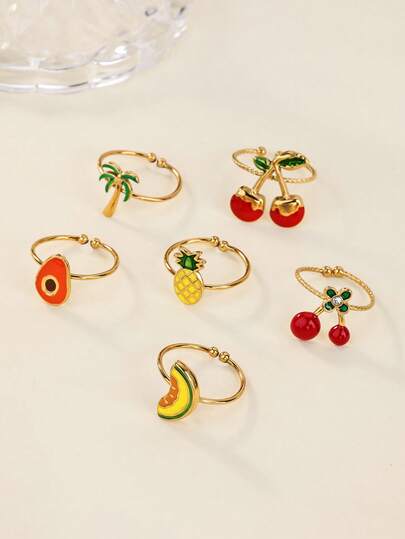 1枚可爱水果图案戒指，适合女性和女孩，西瓜/牛油果/樱桃/菠萝/椰子树图案，不锈钢材质，开口可调节，女士戒指，夏季海滩度假饰品，送给闺蜜的礼物（颜色随机）
