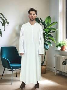 Men's Conservative Daily Commute Simple Solid White Long Sleeve Half-Button Open Front Hooded Arabic Robe