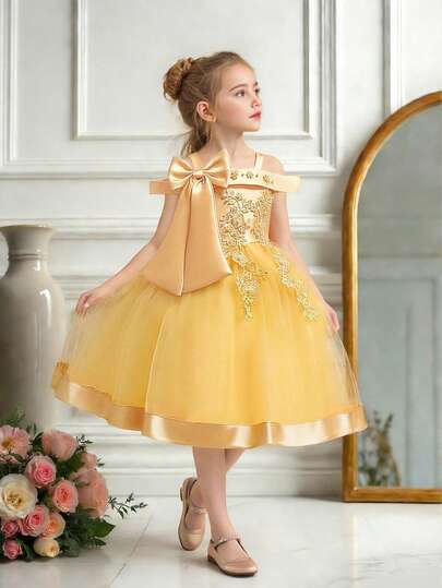 无袖花朵蝴蝶结网纱优雅连衣裙，适合女孩，适合生日派对，不含头饰