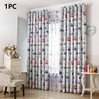1pc Perforated Cartoon Car Print Blackout Curtain Fabric For Kids Room