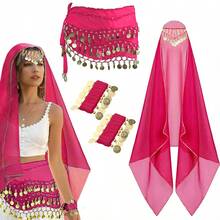 4pcs Belly Dance Set, Including Chiffon Hip Scarf, Headscarf, Bracelets And Other Dance Accessories, Coin Included - Multicolor - View 8