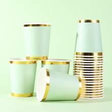 10/20/40pcs Spring Light Green Gold Foil Disposable Paper Cups, Light Green Gold Rim Disposable Paper Cups, Leak-Proof, Heat-Resistant, Suitable For Spring Outdoor Picnics, Home Gatherings, Birthday Parties, Elegant Party Decorations - Light Green - View 3