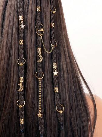 30pcs Eid Mubarak Gold Star & Moon Tassel Decor Set, Bohemian Cute Hip Hop Hair Clips, Headband, Hair Rings, Braids Accessories, Eid Gift, Party Decoration