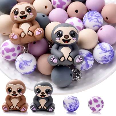 28pcs/Set DIY Handmade Universal Silicone Bead Kit, Sloth Beads With 15mm Printed Round Beads And 8mm Glass Rhinestone Beads, Best Gift For Family Gathering, DIY Accessory Kit, Pen, Bracelet, Necklace