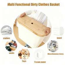 Bamboo Toilet Paper Holder With Cover, Foldable Tissue Box Organizer With Base, Holds Up To 9 Extra Large Toilet Paper Rolls, Laundry Basket - Multicolor - View 7