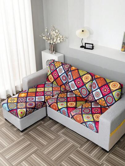 1pc Bohemian Style Printed Stretch Sofa Slipcover, Anti-Slip Multifunctional Furniture Protector For Bedroom, Office, Living Room
