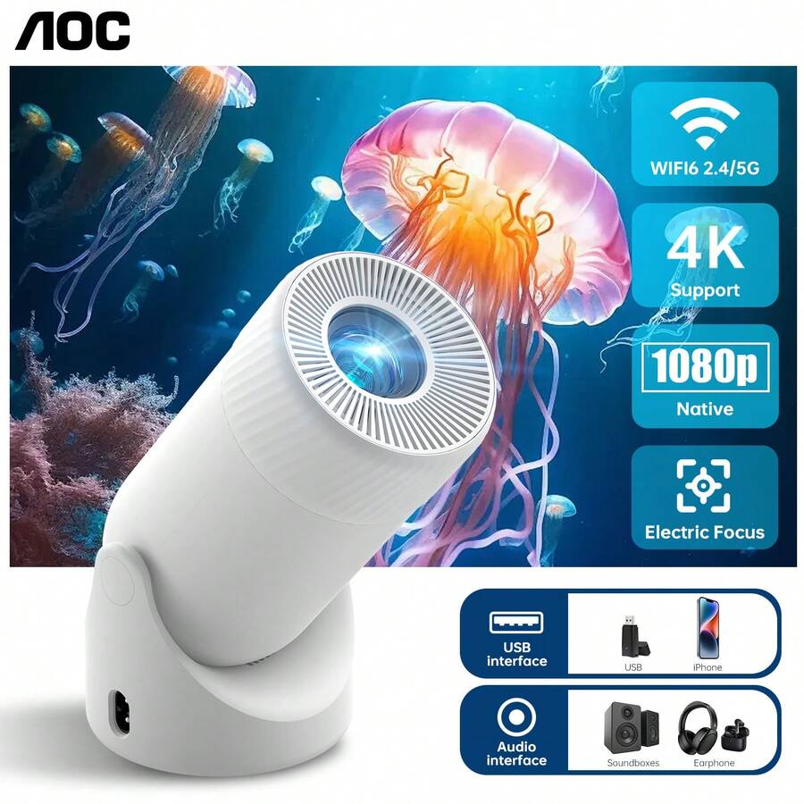 AOC Mini Projector: WiFi & Bluetooth Connectivity With Ultra-Portable Design & Full HD 4K Resolution Support - Perfect For Home & Mobile Entertainment With 180° Rotation Adjustment, 7000 Lumen High Brightness, Auto Keystone Correction & Smart Home Integration - 查看 1