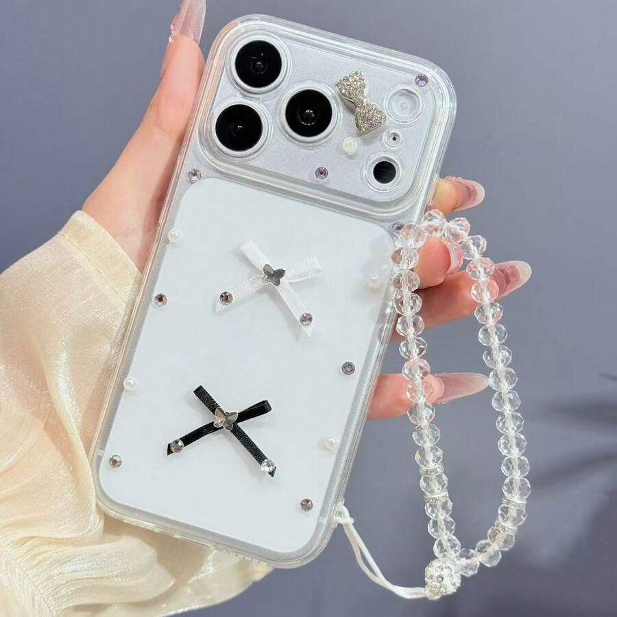 钥匙扣挂绳奢华水钻蝴蝶结透明手机壳，带链条挂绳，兼容 17 Pro Max/17 Pro/17、16 Pro Max/16 Pro/16、15 Pro Max、14 Pro/14、新款 13，时尚精致手机壳