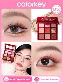 COLORKEY 9-Color Limited Edition Eyeshadow Palette, Red, Shimmery Eyeshadow Palette, High Color Payoff, Eyeshadow, Brightens Eyes, Glitter, Finely Milled Pearlescent, Easy To Use, Smooth Blendable Eyeshadow, Makeup Brand Product, Suitable For Women And Girls, Ideal For Autumn/Winter, Can Create Latte, Y2K, 90s, Cool Girl Makeup Looks, Lip Makeup Pairing, Bridal Makeup, Valentine's Day Gift - 9-Shade Eyeshadow Palette - 查看 9
