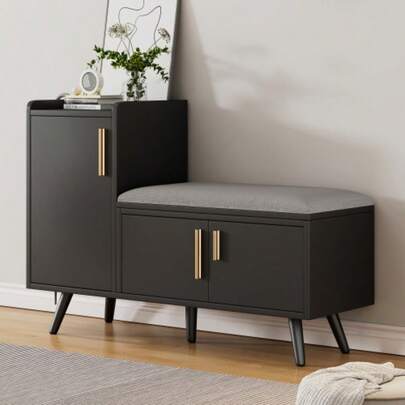 Modern Shoe Bench/Shoe Seat With Three Storage Doors, Asymmetrical Metal Handles And Multiple Storage Levels - Dimensions: W100 / D34 / H69 Cm