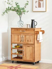 FKW45 Serving Trolley With Bottle Racks And Drawer Kitchen Trolley Kitchen Cabinet Trolley Made Of Rubber Wood W X H X D Approx.: 67 X 86 X 38 Cm - Natural Color - View 2