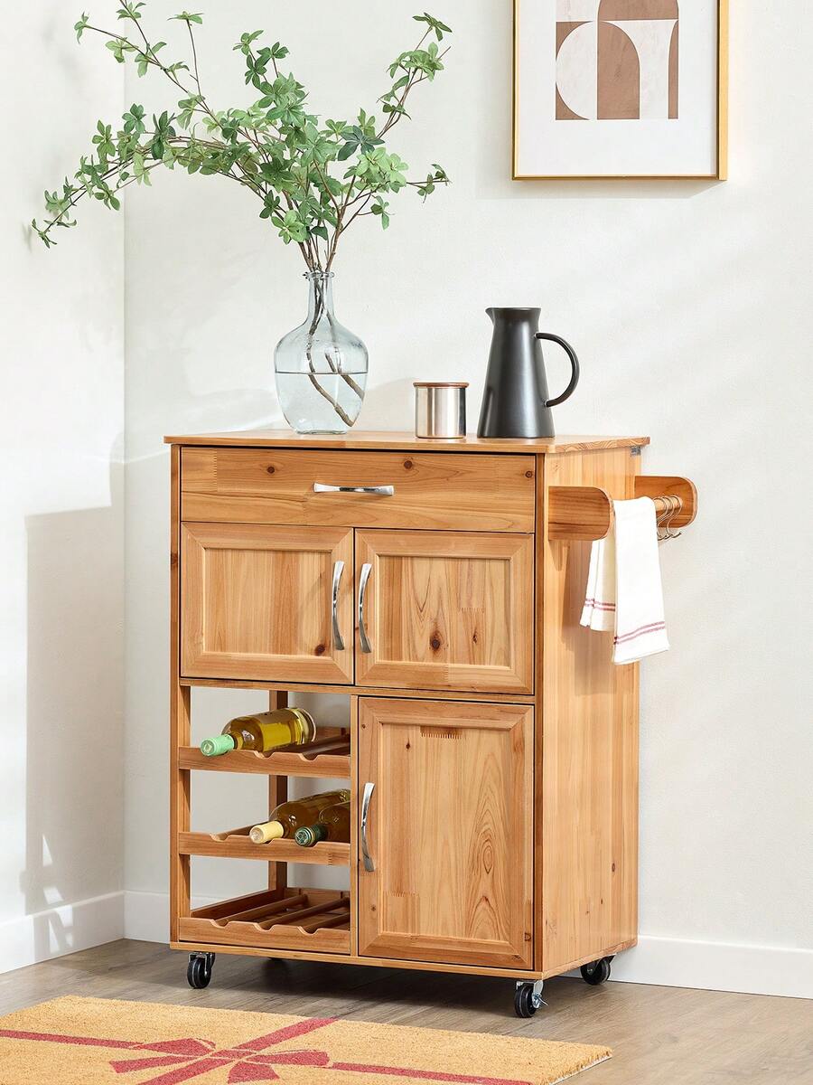 FKW45 Serving Trolley With Bottle Racks And Drawer Kitchen Trolley Kitchen Cabinet Trolley Made Of Rubber Wood W X H X D Approx.: 67 X 86 X 38 Cm
