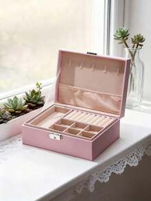 1个双层大容量首饰盒，PU皮革首饰展示盒，豪华带锁首饰收纳盒，家居首饰整理配件，适用于项链、耳环、戒指、手镯，节日礼物，返校礼物，大容量首饰收纳盒，双层带锁首饰盒，PU皮革防水耳环戒指首饰收纳盒