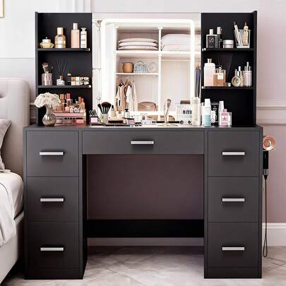 Tocador Con 7 Cajones De Gran Capacidad Con Espejo Y Luz