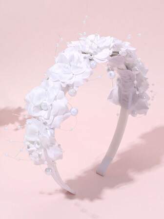 1pc White Polyester Flowers Hair Band,Faux Pearl Headband,Elegant Bridal Headwear For Flower Girls Kids Wedding Gifts