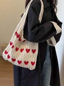 1pc Heart Contrast Color Knitted Tote Bag, Large Capacity Fashion Beach Bag, Versatile For Commuting - Multicolor - View 3
