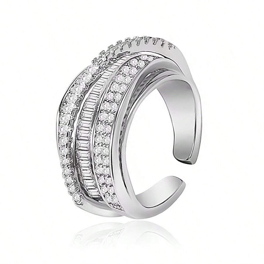 925纯银镶嵌立方氧化锆几何多层闪耀奢华优雅开口戒指，适合日常佩戴、派对、聚会、节日，也是送给爱人、朋友、家人的理想礼物。 - 銀色 - 查看 1