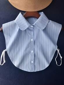 1pc Women's Striped Detachable - Blue Vertical Stripe, Half Shirt Shirt Insert, With Buckle Front And Adjustable Tie Collar, Suitable For Layering Or Standalone Wear, Fashionable Layering Piece With Elegant And High-Quality Construction - Navy Blue - View 3